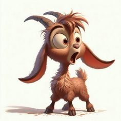 a cartoon goat with horns and big eyes standing on its hind legs looking at the camera