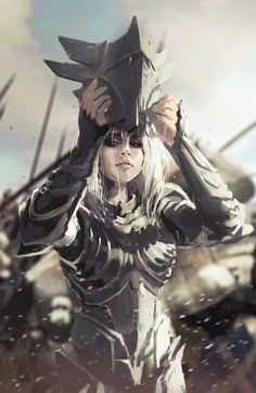 a woman with white hair wearing a black hat and holding an umbrella over her head