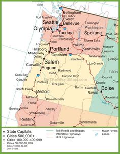 a map of the state of oregon with major cities and towns on it's borders