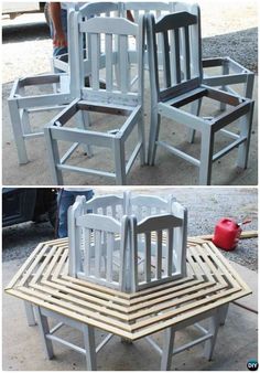 two pictures of chairs made out of wooden boards