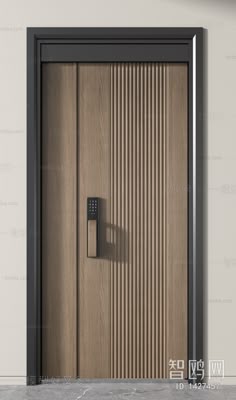 the door is made of wood and has a metal frame with a button on it