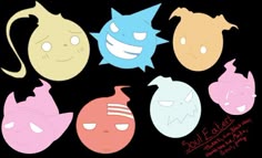 five different colored cartoon faces on a black background