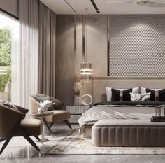 a large bed sitting in the middle of a bedroom next to two chairs and a table