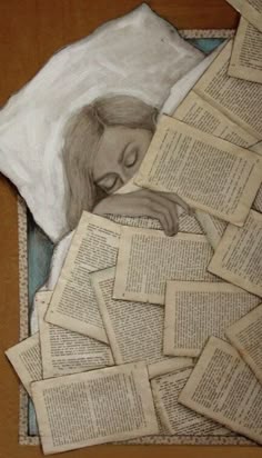 a painting of a woman sleeping on top of an open book