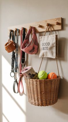 a basket with tennis balls and other items hanging on a wall