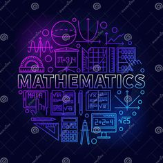 the word math is written in neon colors on a dark blue background with various symbols