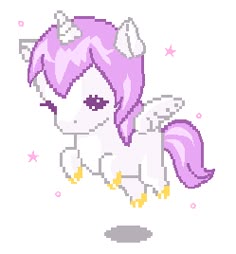 a cross stitch unicorn with purple hair and yellow feet, standing in front of stars