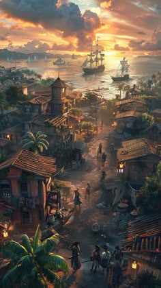 a painting of a town with lots of buildings and people on horseback in the foreground