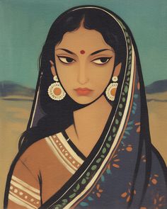 an oil painting of a woman with long hair and earrings on her head, wearing a blue sari