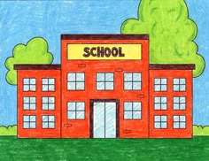 a drawing of a school building with trees on the front and green grass around it