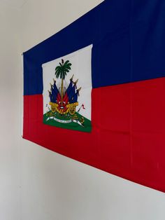a flag hanging on the wall in a room