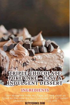 Easy Chocolate Pudding Poke Cake, Pudding Poke Cake Recipes, Chocolate Fudge Poke Cake, Chocolate Poke Cake With Chocolate Pudding, Chocolate Pudding Poke Cake With Whipped Cream, Triple Chocolate Poke Cake, Salmon Pasta Recipes Easy, Poke Chocolate Cake, Chocolate Poke Cake Recipes