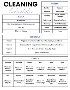 daily cleaning, weekly cleaning, monthly cleaning, yearly cleaning, cleaning organization, home cleaning ideas Cleaning Chart Daily Weekly Monthly, Weekly Monthly Yearly Cleaning List, Weekly Monthly Chore Chart, Regular Cleaning List, Biweekly Cleaning Schedule, Yearly Home Cleaning Schedule, Cleaning Schedule For Apartment, Once A Week Cleaning Schedule, Monthly Cleaning List