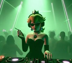 a woman in a black dress is playing music on a dj's deck at a party