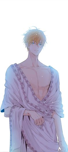 an anime character with blonde hair and blue eyes, wearing a white robe while standing in front of a quote