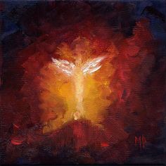 an abstract painting of a cross in the middle of a red and yellow sky with white doves