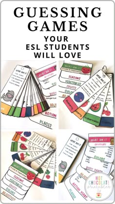 several pictures of the game cards with text reading guess games your students will love