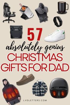the front cover of a book with different items and text that reads, 53 absolutely genius christmas gifts for dad