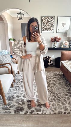 Loving the beige coastal look lately. Beige Mom Outfits, Trendy Women’s Outfits, Put Together Lounge Wear, Summer Mom Fashion, Comfy Teacher Outfits Spring, Trendy Beige Lounge Pants, Beige Summer Loungewear Pants, Curve Summer Outfit Ideas, Comfy Work From Home Outfits Summer
