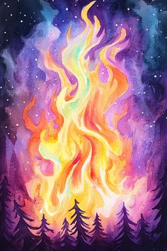 a painting of a fire in the night sky with pine trees and stars around it