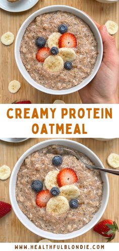 two bowls of oatmeal with bananas and strawberries on top, one bowl is
