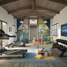 a child's playroom with exercise equipment and toys in the background, while an adult watches