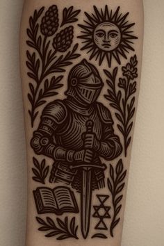 Geometric Knight Tattoo, Medieval Art Styles, Cloak Tattoo, History Themed Tattoos, American Traditional Knight, Medieval Tattoo Inspiration, Green Knight Tattoo, Medival Tattoo, American Traditional Tattoos Sleeve