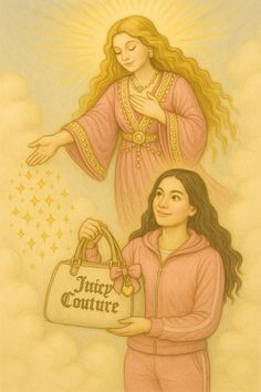 a drawing of a woman holding a purse with the words juicy contre written on it