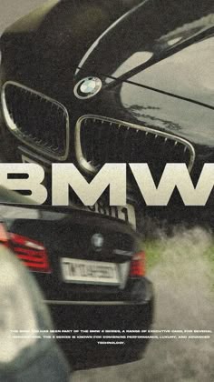 the bmw logo is shown on top of two black cars in front of each other
