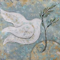 a painting of a white bird with a plant in it's beak on top of a rock