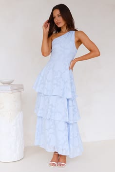 Formal Dress Long With Sleeves, Baby Blue Floor Length Dress, Pale Blue Wedding Guest Dress, Blue Maxi Dress Formal, 3/4 Sleeve Dresses, Blue Summer Formal Dress, One Shoulder Dresses, Modest Prom Outfits, Winter Ball Dresses High School
