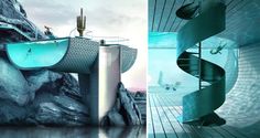 there are two pictures one is an indoor swimming pool and the other has a spiral staircase