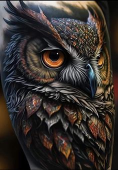 an owl with orange eyes is shown in this tattoo art work on someone's leg