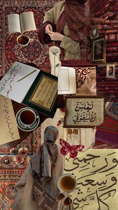 an image of a woman surrounded by arabic writing and other things on the table with coffee