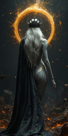 a woman with a crown on her head standing in front of a fire ring and surrounded by flames