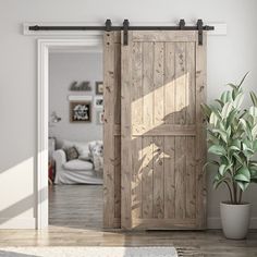 a living room with a potted plant next to a wooden door and sliding doors