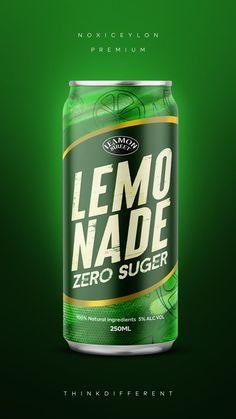 a can of lemonade soda on a green background with the words lemonade zero sugar