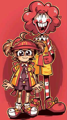 two cartoon characters standing next to each other in front of a red background with an orange clown