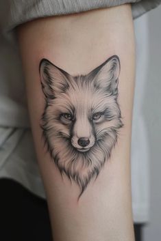 a black and white fox tattoo on the leg