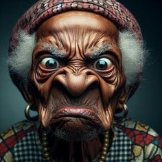 an old man with white hair and big blue eyes wearing a red headdress