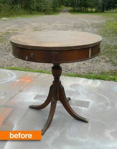an old table that has been turned into a dining room table with no leaves on it