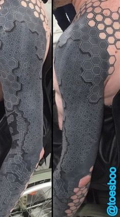 two pictures of the same person with their arm and leg covered in black laces