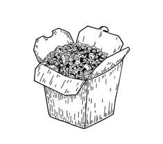 an open cardboard box filled with lots of things to eat and drink hand drawn doodle style