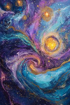 an abstract painting with blue, purple and yellow colors