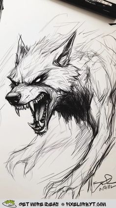 a drawing of a wolf with its mouth open