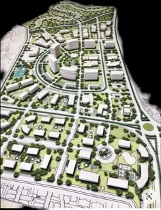 a drawing of a city with lots of buildings and roads on it's surface