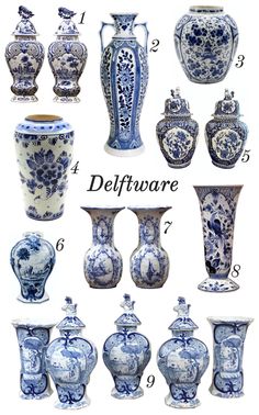 an assortment of blue and white vases with different designs on them, all labeled in the following words