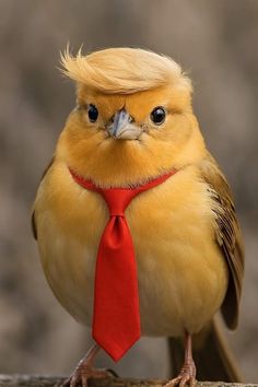 a yellow bird with a red tie on it's neck is standing on a piece of wood