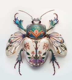 a decorative insect is painted with flowers and leaves
