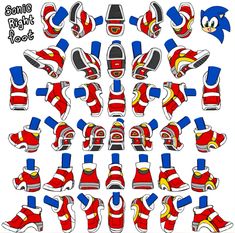 a bunch of different shoes that are red, blue and yellow with white trims